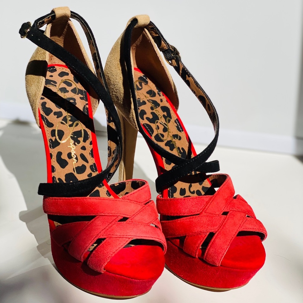 Jessica Simpson Suede Tan, Red, Leopard Platforms